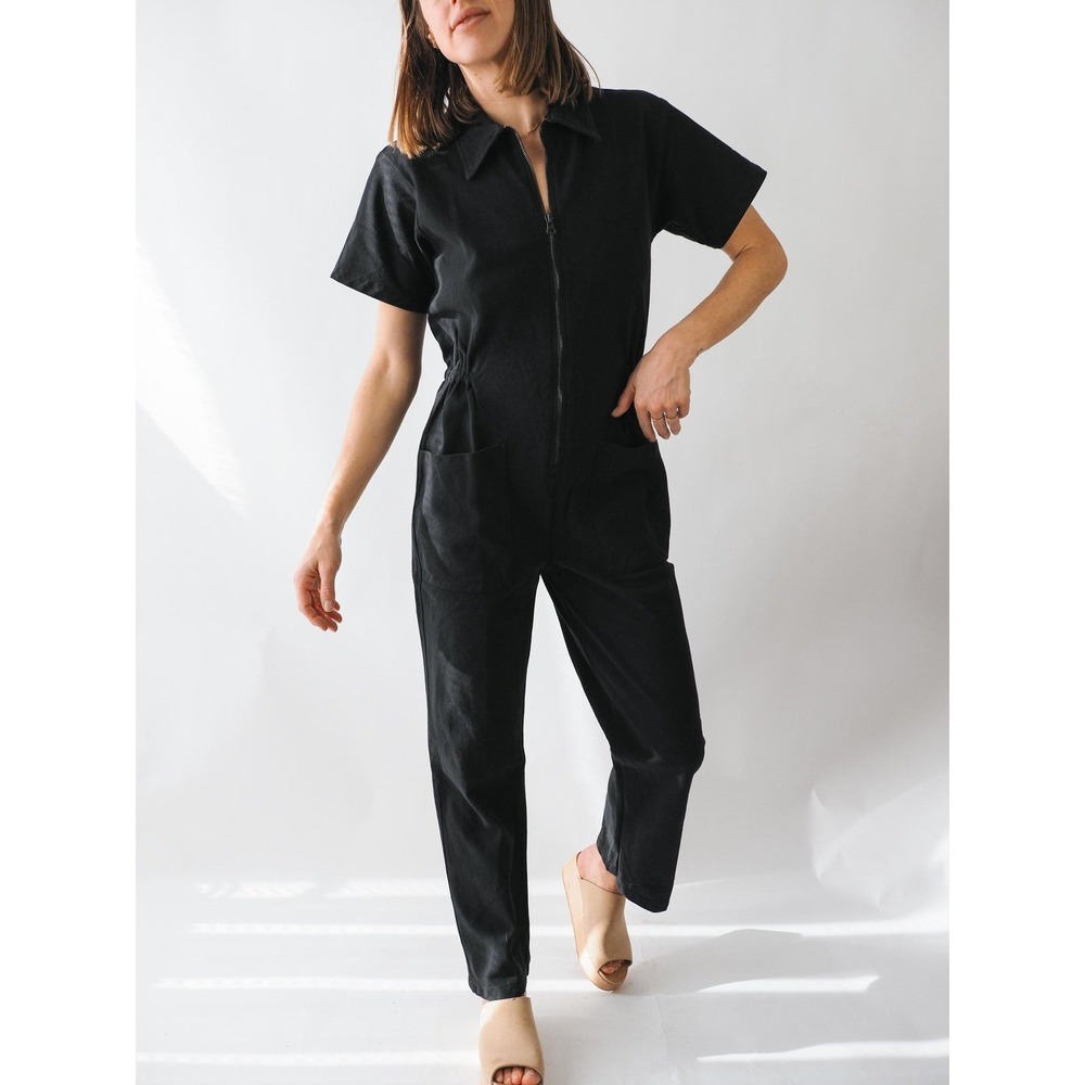 Noble Utility Jumpsuit Black Organic Cotton Short Sleeve Zip Front Collared S